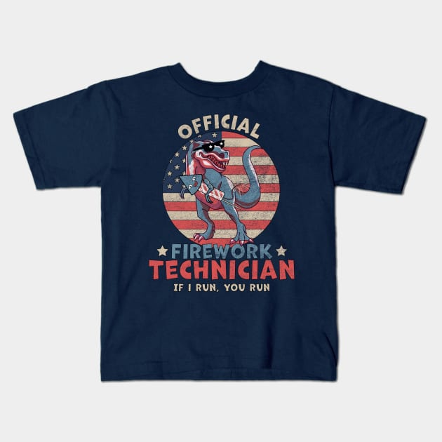 Official Firework Technician 4th of July Dinosaur T-rex Kids T-Shirt by OrangeMonkeyArt